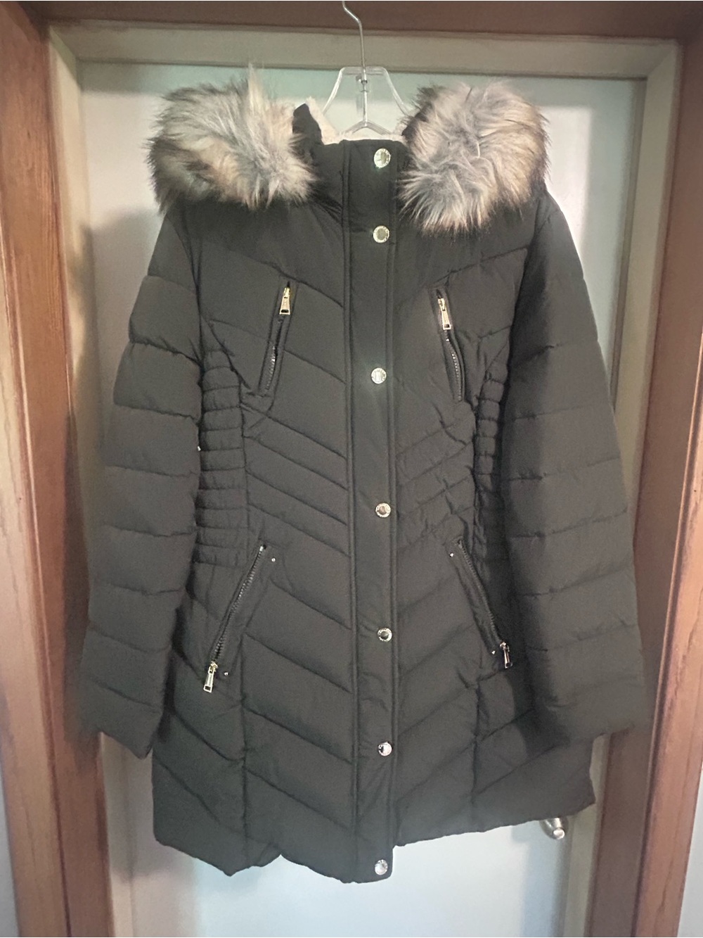 Halitech Dark Green Quilted Puffer Coat with Faux Fur Hood